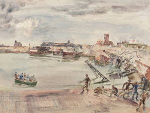 Docas ex armazém (sic) da bacia do Porto de Calais Oeste, 1944 (lápis, caneta, tinta, pincel e wc sobre papel)