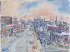 Reykjavik From Main Quay, Frosty Morning, Islândia, c.1930 (aguarela e lápis sobre papel)