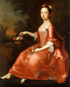 Retrato de uma jovem senhora, sentada de corpo inteiro, vestindo um vestido vermelho