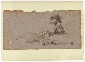 Fazenda nas montanhas com vacas em primeiro plano de Thomas Barker