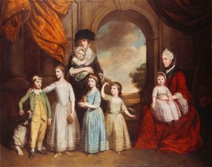 Um retrato de grupo das crianças Craven, de corpo inteiro, diante de um arco com uma paisagem além, 1776