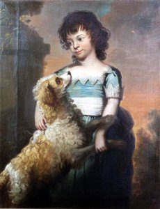 Retrato de uma menina de vestido azul com um cão