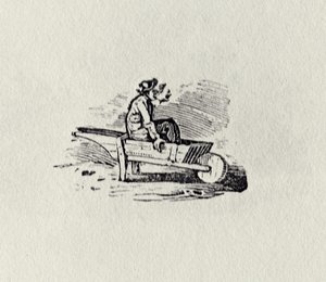 Um homem em um carrinho de mão de &39;História de aves britânicas e quadrúpedes&39; publ 1815 (gravura bw) de Thomas Bewick