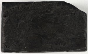 Xilogravura representando um homem a pescar debaixo de uma árvore junto a uma cascata