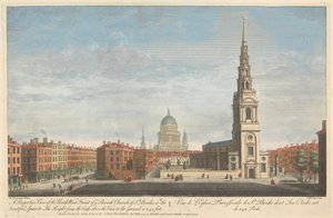 A Perspective View of the North West Front of ye Parish Church of St. Brides, with the beautiful Spire & c. The Height from the Cross above the Vain to the Ground is 242 feet