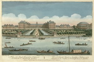 Uma vista do hospital real em Chelsea e na rotunda em jardins de Ranelaigh, bar. por Robert Sayer, 1751 de Thomas Bowles