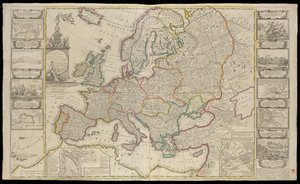 Novo mapa da Europa feito a partir das observações mais exactas comunicadas à Royal Society em Londres e Paris, c.1720 (desenho técnico) de Thomas Bowles
