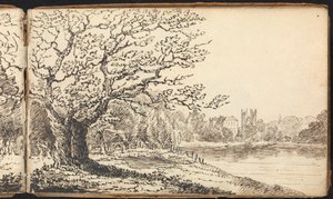 Álbum de Estudos da Paisagem e das Figuras: Árvores ao longo de um rio com edifícios à distância de Thomas Bradshaw