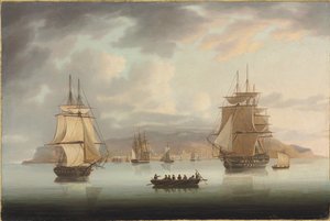 Funchal Roadstead, HMS Blenheim com Greyhound e Harrier Outward Bound, 1805 de Thomas Butterworth