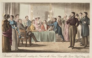 Bernard Blackmantle lendo sua farsa na Sala Verde do Covent Garden Theatre, do The English Spy, pub. 1824 (gravura colorida à mão)