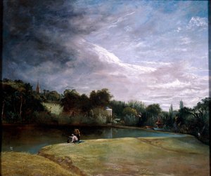Meninos pescando em um reservatório perto de Hampstead.