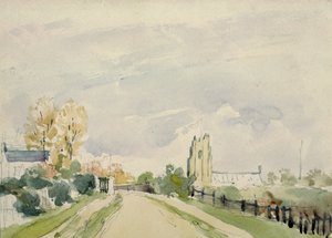 Suffolk Landscape, uma estrada larga com uma pequena casa, uma igreja e árvores