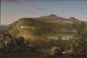Vista dos dois lagos e da Mountain House, montanhas Catskill, manhã de Thomas Cole