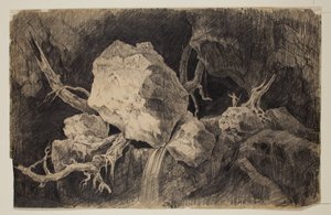 Hunter Standing in Cave perto de Rock and Waterfall, c.1828 (lápis de grafite) de Thomas Cole