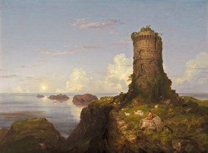 Cena da costa italiana com torre em ruínas de Thomas Cole