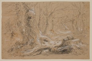 Árvores no inverno com homem de pé em Frozen Creek (lápis e guache sobre papel) de Thomas Cole