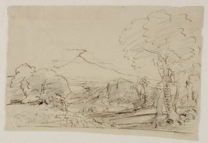 Vulcão, Lago, Figura Caça, 1846-47 (caneta e tinta com lápis sobre papel) de Thomas Cole
