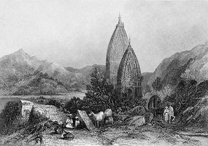 Templos hindus de Mahadeo nas Montanhas Sivalicas, Índia, gravado por E. Finden, de 