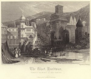 O Ghat em Hurdwar com hindus tomando banho no Ganges de Thomas Colman Dibdin