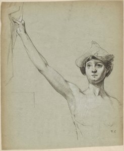 Figura nua junto a drapeado, estudo de modelo de Thomas Couture