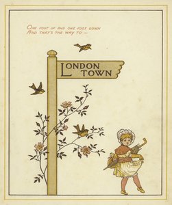 Um poste indica o caminho para a cidade de Londres com uma jovem caminhando nessa direção de Thomas Crane