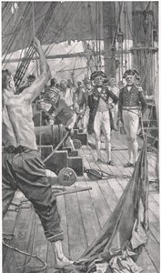Içando o sinal famoso, ilustração de "Batalhas britânicas na terra e no mar", publicado por Cassell, Londres, c.1910