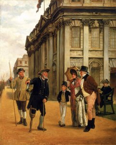 A história dos residentes, em frente ao edifício do tribunal King Charles no Greenwich Hospital, um residente com uma perna de pau, vestindo o uniforme regulamentar, fala com um casal visitante e o seu filho, à sua volta, dois outros residentes