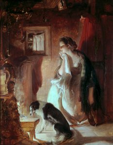 O coração triste, uma jovem mulher junto ao fogo, cara triste por causa de um pesar. Pintura de Thomas Duncan (1807-1845) Victoria and Albert museum, Londres