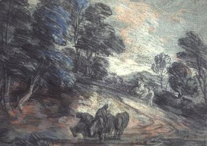 Uma Paisagem arborizada com Cavalos a Beber (pastel) de Thomas Gainsborough