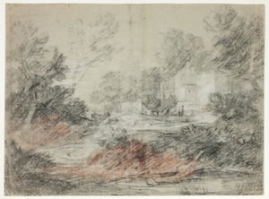 Paisagem com edifícios por um córrego de Thomas Gainsborough