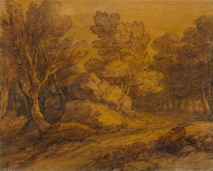 Cena com uma estrada sinuosa através de uma madeira de Thomas Gainsborough