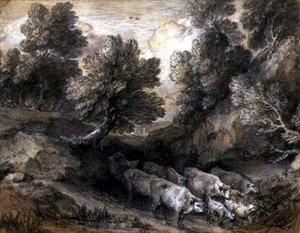 Paisagem arborizada com Gado e Cabras, c.1768-72 (giz preto e branco sobre papel) de Thomas Gainsborough