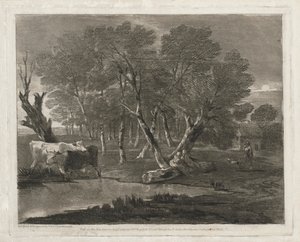 Paisagem arborizada com vacas ao lado de uma piscina, figuras e chalé, publicado em 1797. de Thomas Gainsborough