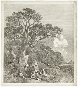 Paisagem arborizada com ciganos reunidos em volta de uma fogueira de Thomas Gainsborough