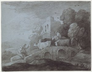 Paisagem arborizada com pastor dirigindo gado (gravura em papel) de Thomas Gainsborough