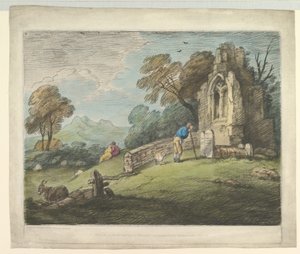 Paisagem arborizada com a lápide da leitura do camponês, amantes rústicos e igreja arruinada, 1º de agosto de 1797. de Thomas Gainsborough