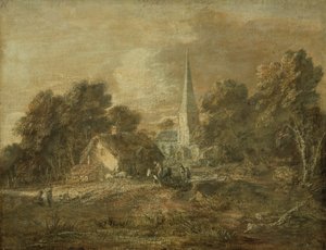 Paisagem arborizada com cena de aldeia de Thomas Gainsborough
