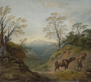Paisagem arborizada com um menino levando um burro e cachorro e um extenso panorama com edifícios e colinas distantes, início dos anos 1760 de Thomas Gainsborough