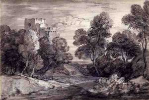 Paisagem arborizada com um Castelo (giz e carvão vegetal sobre papel) de Thomas Gainsborough