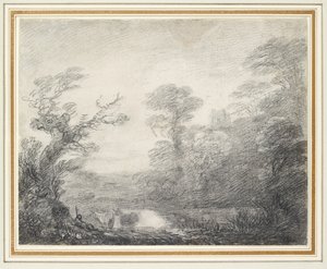 Paisagem arborizada com pastor, vacas e torre de igreja de Thomas Gainsborough