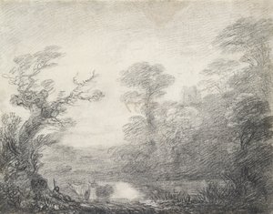 Paisagem arborizada com pastor, vacas e torre da igreja, 1753-1757 de Thomas Gainsborough