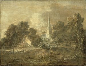 Paisagem arborizada com cena da vila, início de 1770-72 de Thomas Gainsborough
