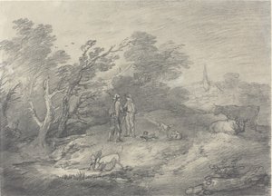 Bosques perto de uma vila com caçadores de coelhos e seus galgos de Thomas Gainsborough