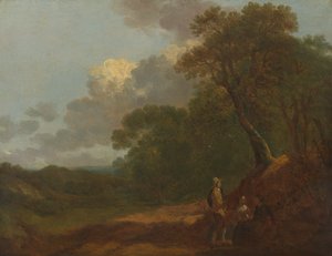 Paisagem arborizada com um homem a falar com duas mulheres sentadas