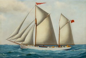 The Fore and Aft Schooner Grovehill em Full Sail (óleo sobre tela) de Thomas George Purvis