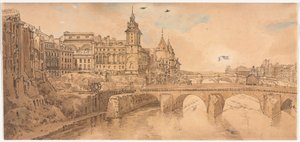 Uma seleção de vinte das vistas mais pitorescas de Paris: vista de Pont au Change, o teatro da cidade, Pont Neuf, Conciergerie Prison e tirada de Pont Notre Dame de Thomas Girtin