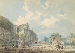 O celeiro do dízimo em Abbotsbury com a abadia na colina ..., c.1795 (wc sobre grafite no papel) de Thomas Girtin