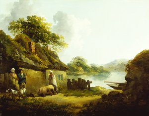 Uma família cigana fora de um celeiro em uma paisagem (óleo sobre tela)