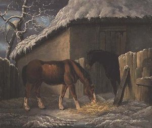 Uma paisagem de Inverno com dois cavalos a alimentarem-se fora de um estábulo (datada de 1804)