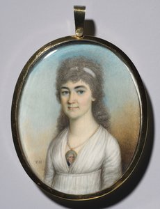 Retrato de uma mulher vestindo uma miniatura, c. 1780 de Thomas Hazlehurst